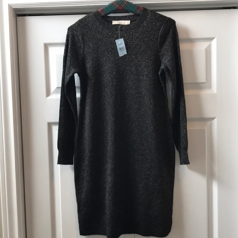 Loft black w silver metallic knit long sleeve sweater dress NWT